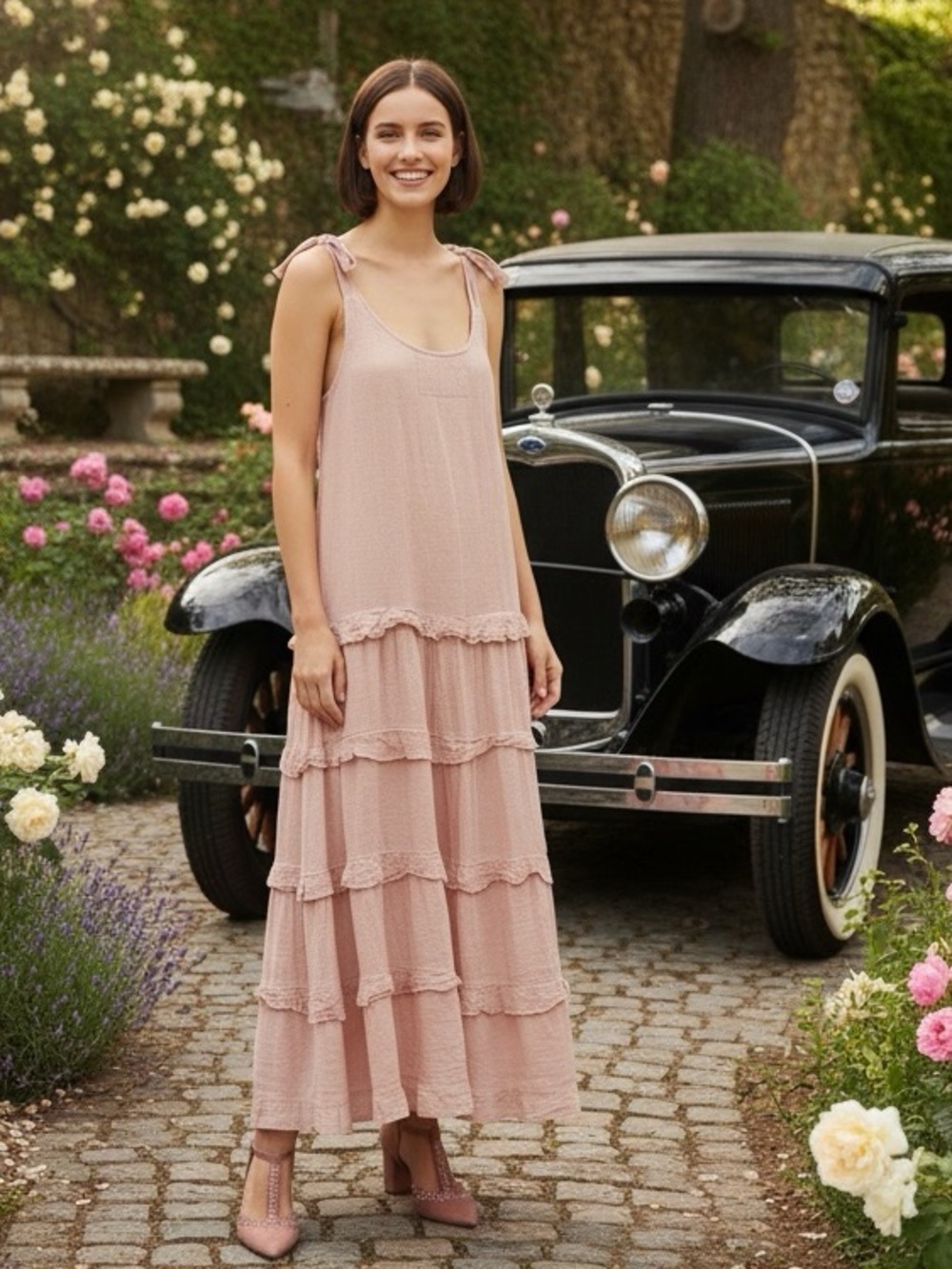 Soft Blush Tiered Cotton Maxi Dress with Tie Straps NWOT.